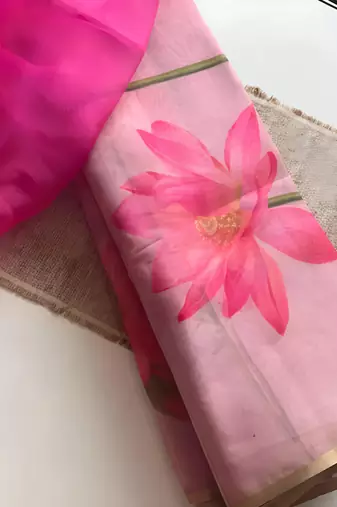 Pink leaf digital printed linen cotton saree