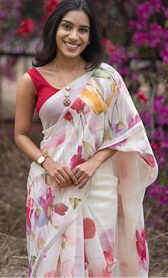 White leaf digital printed linen cotton saree 1