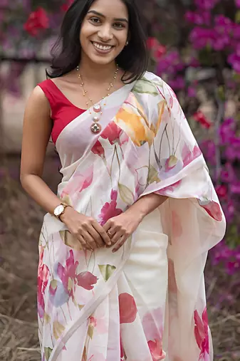 White leaf digital printed linen cotton saree