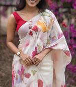 White leaf digital printed linen cotton saree