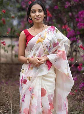 White leaf digital printed linen cotton saree 2
