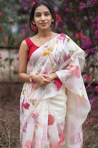 White leaf digital printed linen cotton saree