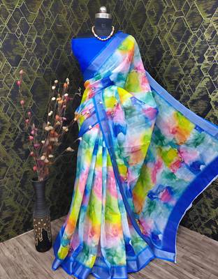 Multicolor leaf digital printed linen cotton saree 1