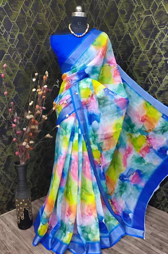 Multicolor leaf digital printed linen cotton saree