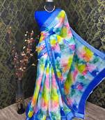 Multicolor leaf digital printed linen cotton saree