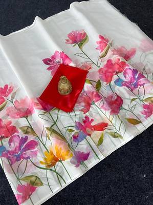 White leaf digital printed linen cotton saree 3