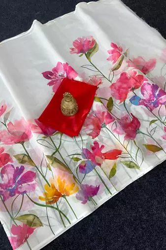 White leaf digital printed linen cotton saree