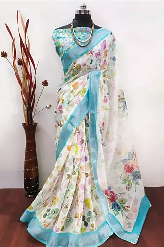 White leaf digital printed linen cotton saree