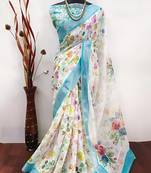 White leaf digital printed linen cotton saree