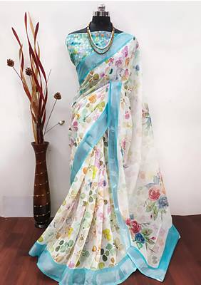 White leaf digital printed linen cotton saree 2