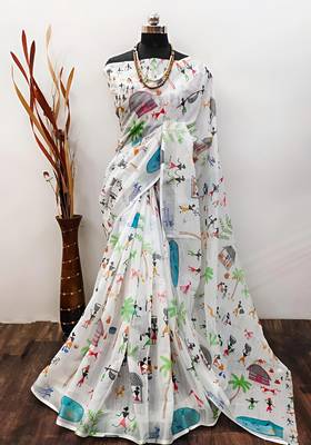 White leaf digital printed linen cotton saree 1