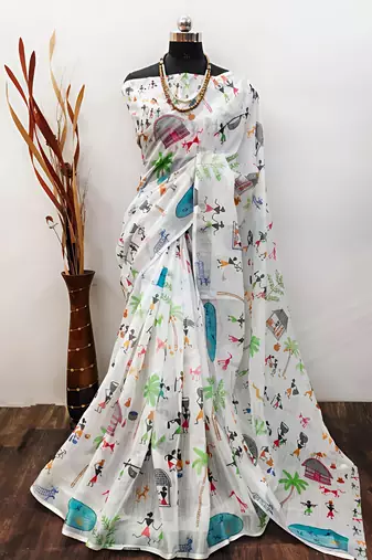 White leaf digital printed linen cotton saree