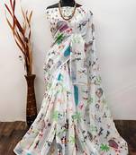 White leaf digital printed linen cotton saree