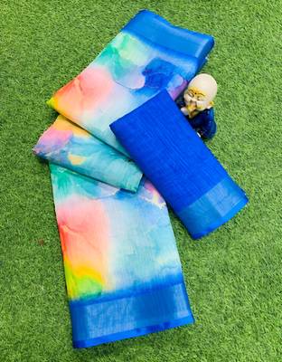 Multicolor leaf digital printed linen cotton saree 3