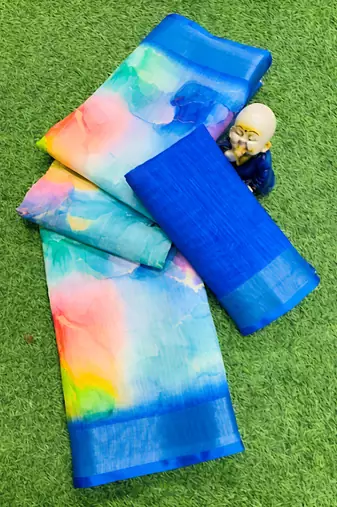 Multicolor leaf digital printed linen cotton saree