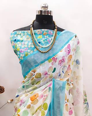 White leaf digital printed linen cotton saree 3