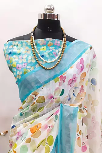 White leaf digital printed linen cotton saree