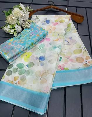 White leaf digital printed linen cotton saree 4