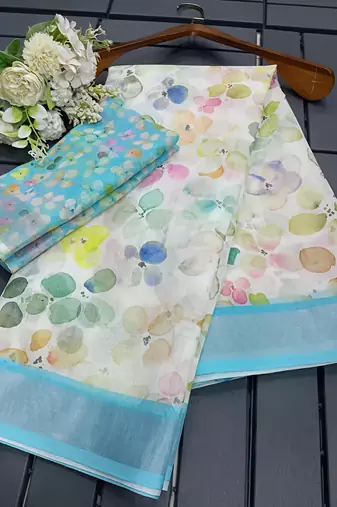 White leaf digital printed linen cotton saree