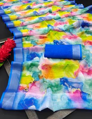 Multicolor leaf digital printed linen cotton saree 4