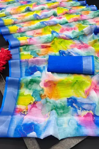 Multicolor leaf digital printed linen cotton saree
