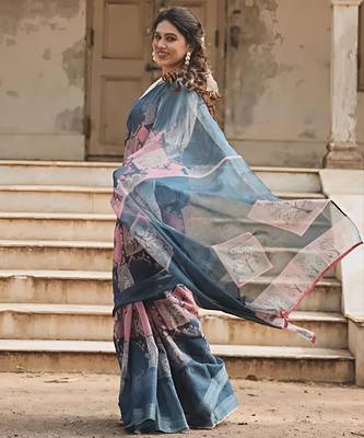 Grey leaf digital printed linen cotton saree 1