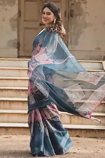 Grey leaf digital printed linen cotton saree