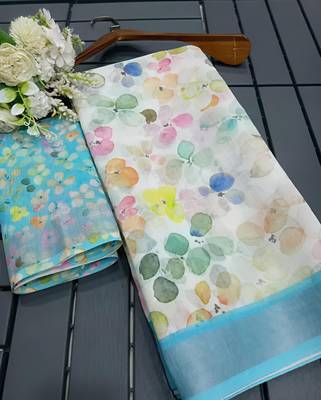 White leaf digital printed linen cotton saree 5