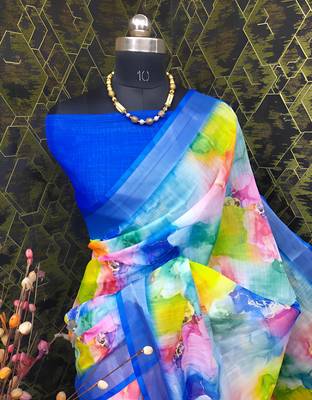 Multicolor leaf digital printed linen cotton saree 5