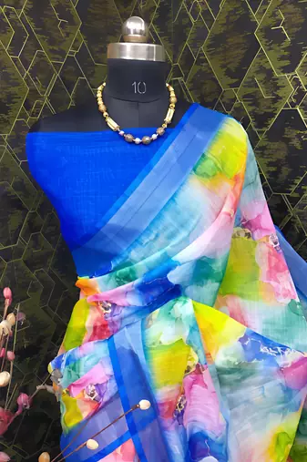 Multicolor leaf digital printed linen cotton saree