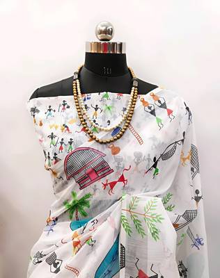 White leaf digital printed linen cotton saree 4