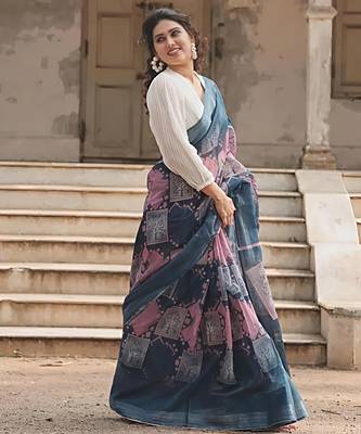 Grey leaf digital printed linen cotton saree 3