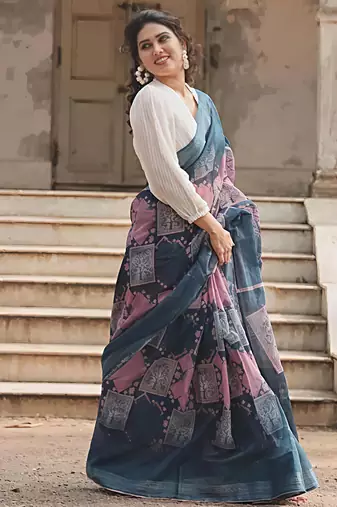 Grey leaf digital printed linen cotton saree