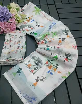 White leaf digital printed linen cotton saree 5