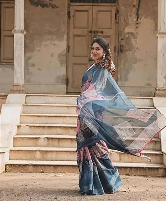 Grey leaf digital printed linen cotton saree 4