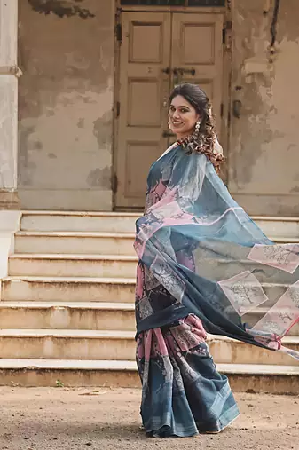 Grey leaf digital printed linen cotton saree