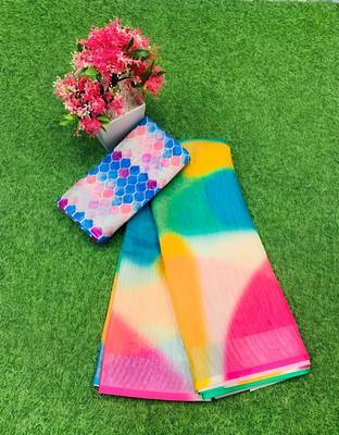 Multicolor leaf digital printed linen cotton saree 1