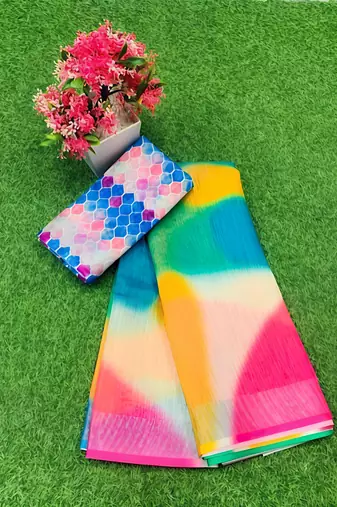 Multicolor leaf digital printed linen cotton saree