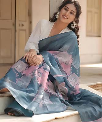 Grey leaf digital printed linen cotton saree 5
