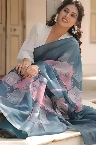 Grey leaf digital printed linen cotton saree