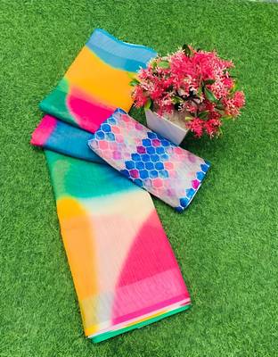 Multicolor leaf digital printed linen cotton saree 2