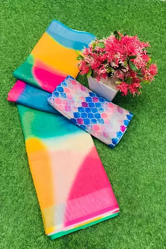 Multicolor leaf digital printed linen cotton saree