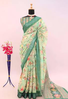 Green leaf digital printed linen cotton saree 1