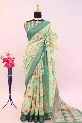 Green leaf digital printed linen cotton saree