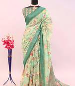 Green leaf digital printed linen cotton saree