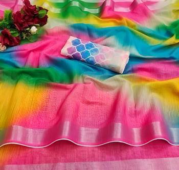 Multicolor leaf digital printed linen cotton saree 3