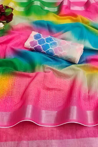 Multicolor leaf digital printed linen cotton saree