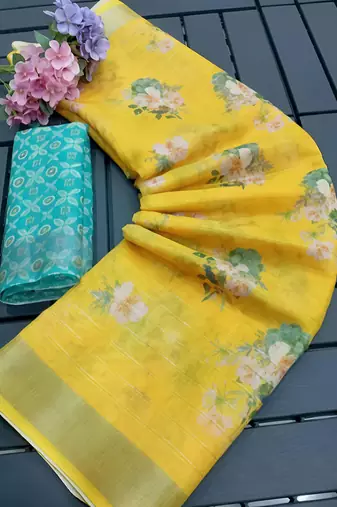 Yellow leaf digital printed linen cotton saree