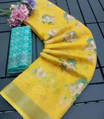 Yellow leaf digital printed linen cotton saree