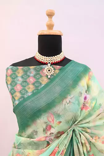 Green leaf digital printed linen cotton saree